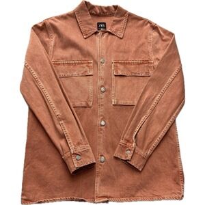 Zara Shirt Mens Medium Orange‎ Rust Jean Relaxed Fit Shacket Casual Preppy